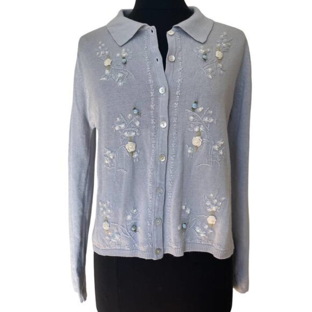 Vintage Stephanie Andrews Blue White Embroidered Cottagecore Cardigan Size Large